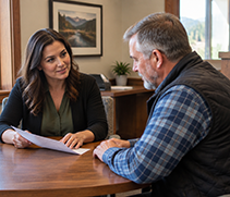 Community banker assisting a customer at a branch