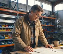 Small-business owner reviewing plans in a workshop