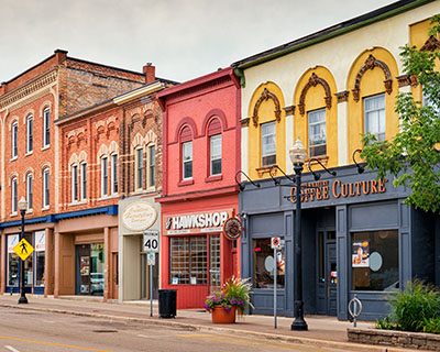 Small-town Main Street lined with local businesses